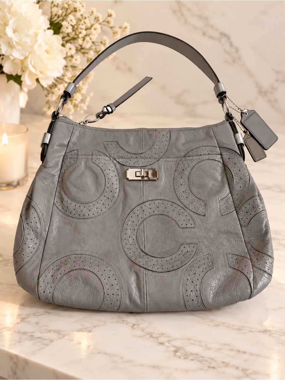 Coach Gray Perforated C Leather Shoulder Bag